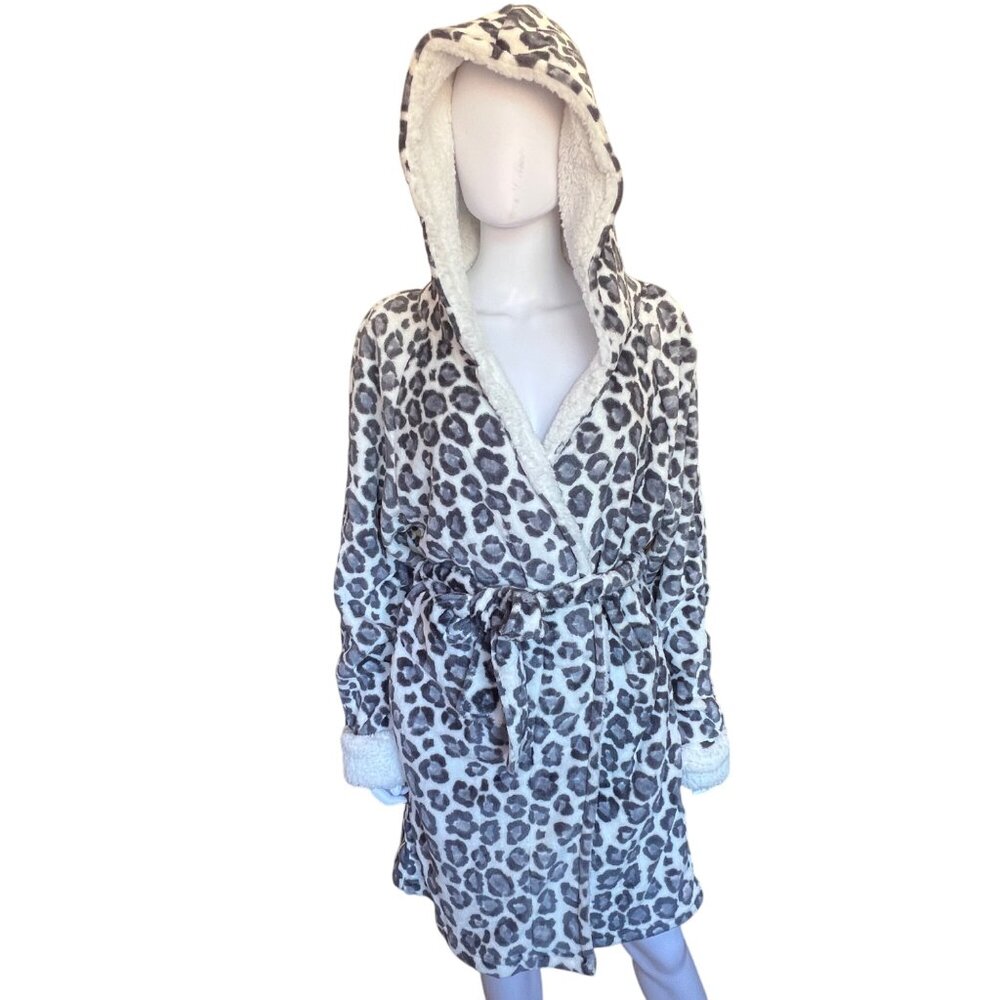 Roudelain Hooded Leopard Print Robe W/ Tie Waist & Sherpa Cuffs Womens XL NWT